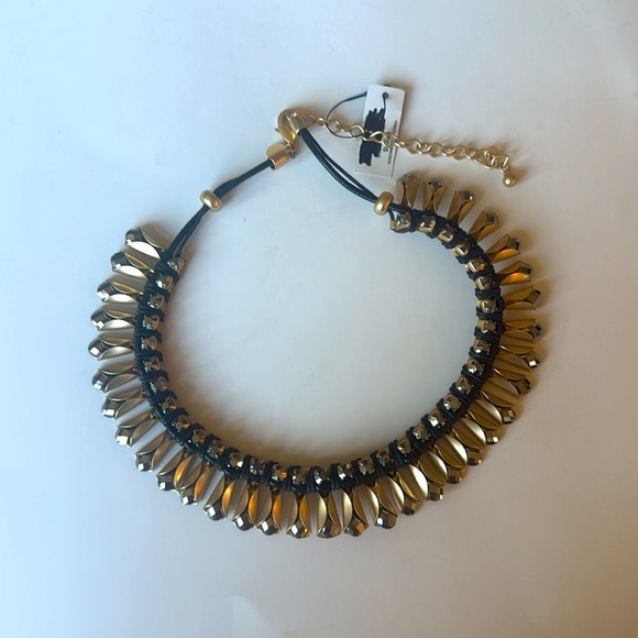 NWT Chicos Rhinestone and Leather Gold and Black statement Necklace - Picture 2 of 7